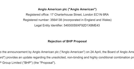 Anglo American respinge offerta di aggregazione di Bhp