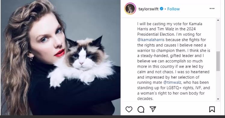 Usa2024, Taylor Swift: voterò per Harris, leader ferma e dotata